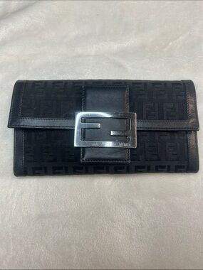 Fendi Black FF Logo Canvas Wallet with Silver Buckle EUC